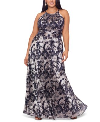 Betsy & Adam - Plus Size Floral Foil Print Halter-Neck Gown