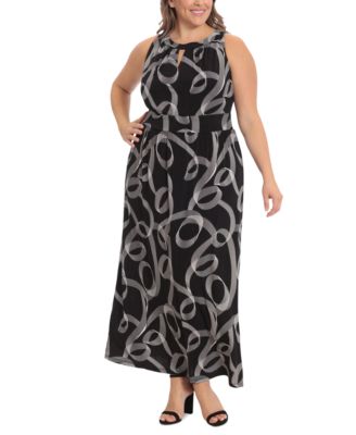 London Times - Plus Size Halter Keyhole Printed Maxi Dress