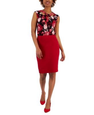 Kasper - Women's Floral Print Twist Neck Top & Crepe Slim Skirt