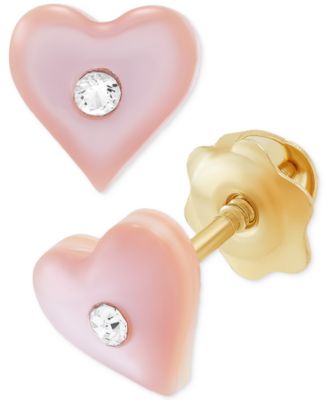 Macy's Brand - Children's Pink Mother of Pearl & Crystal Heart Stud Earrings in 14k Gold