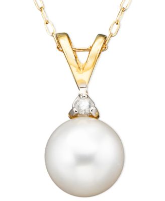 Belle de Mer - Cultured Freshwater Pearl (6-1/2mm) and Diamond Accent Pendant Necklace in 14k Gold