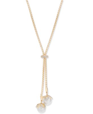 Charter Club - Silver-Tone Crystal & Imitation Pearl Lariat Necklace, 36" + 2" extender