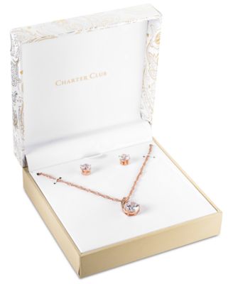 Charter Club - 18K Rose Gold Plate Crystal Pendant Necklace and Earrings Set